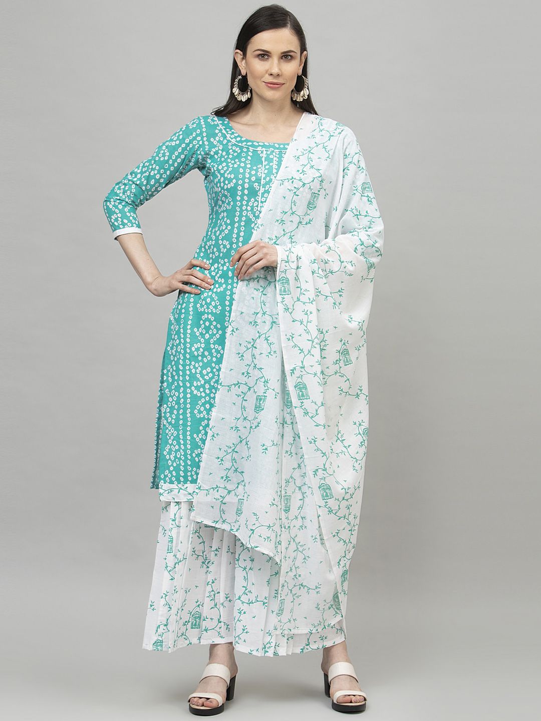 Satrani Turquoise Blue & White Printed Pure Cotton Unstitched Dress Material Price in India