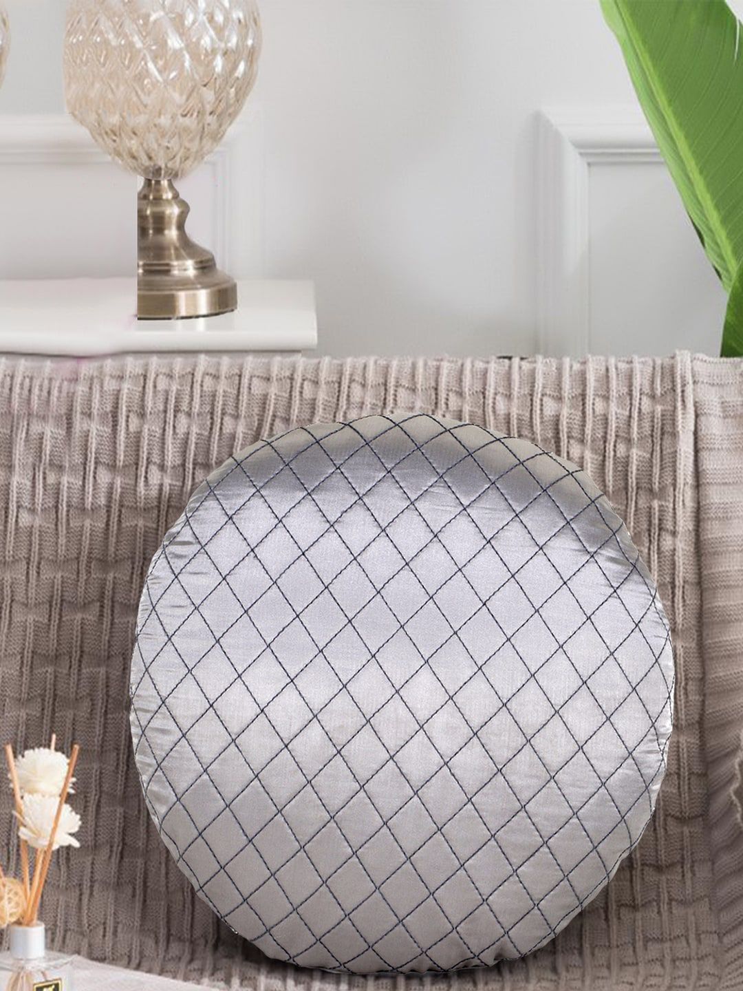 Mezposh Grey & Black Set of Single Checked Round Cushion Covers Price in India