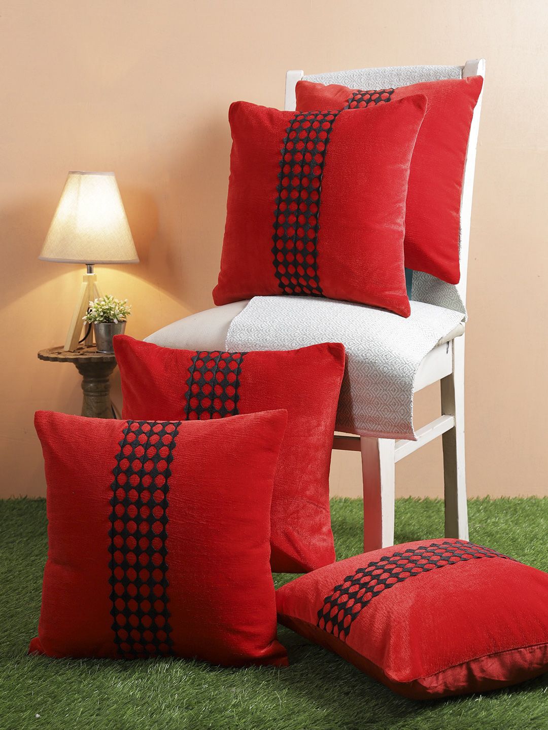 ROMEE Red & Black Set of 5 Geometric Square Cushion Covers Price in India