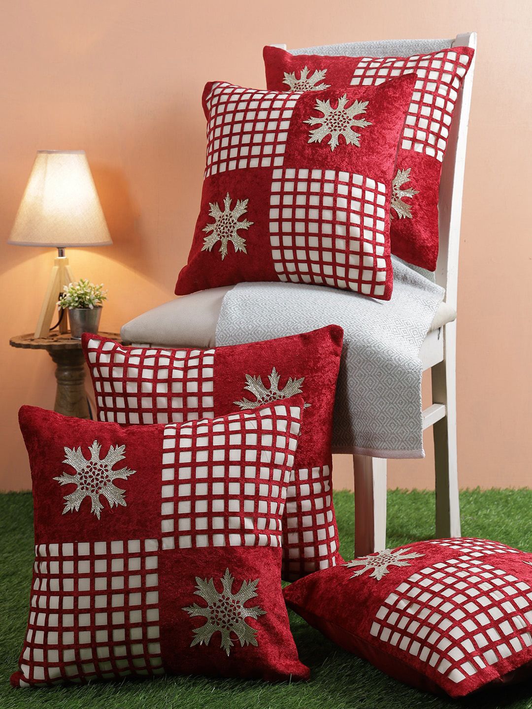 ROMEE Maroon & White Set of 5 Embellished Square Cushion Covers Price in India