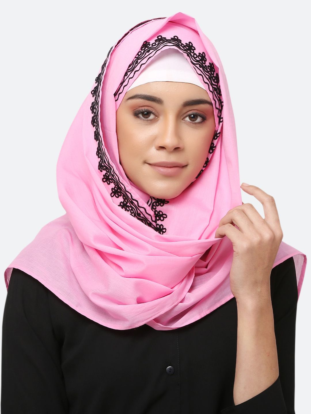 MOMIN LIBAS Women Pink & Black Embroidered Scarf Price in India