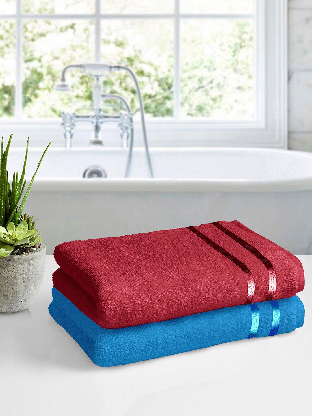 Story@home Set Of 2 Blue & Red 450GSM Super Absorbent Cotton Medium Size Bath Towels Price in India