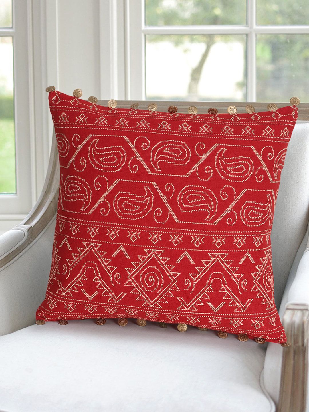 Mezposh Red & White Set of Single Ethnic Motifs Square Cushion Covers Price in India