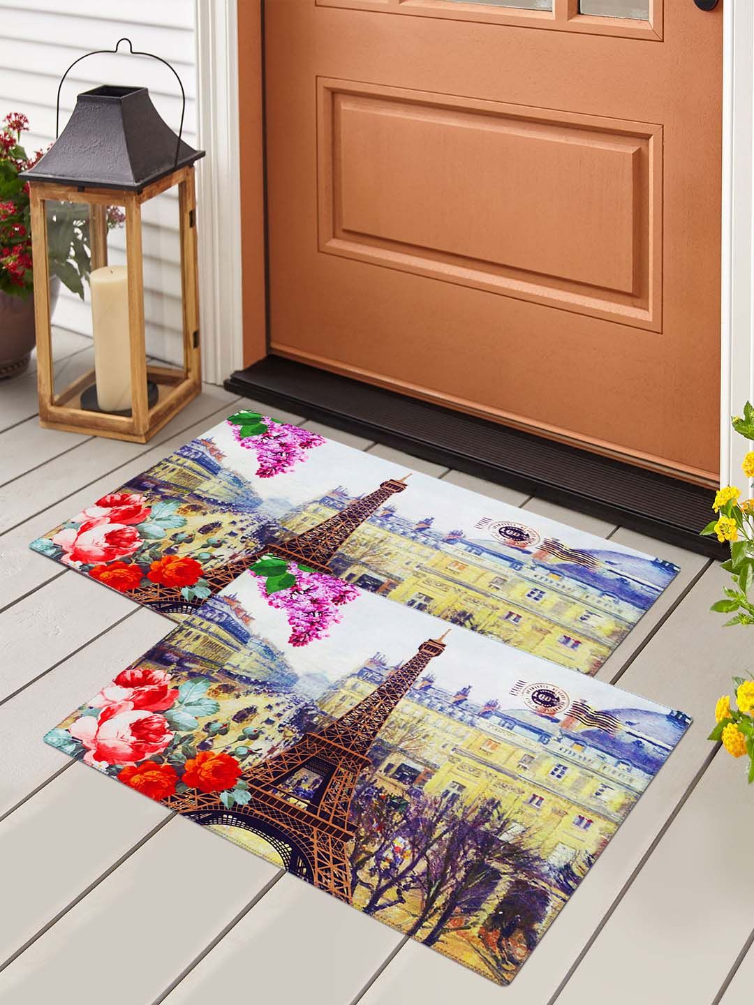 Story@home Set Of 2 Yellow & Blue Printed Anti-Skid Doormat Price in India