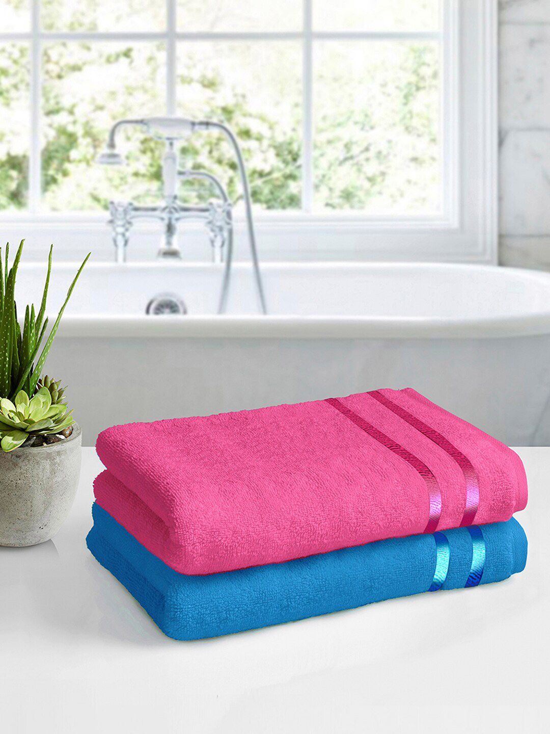 Story@home Set Of 2 Pink & Blue Solid 450GSM Pure Cotton Medium Bath Towels Price in India