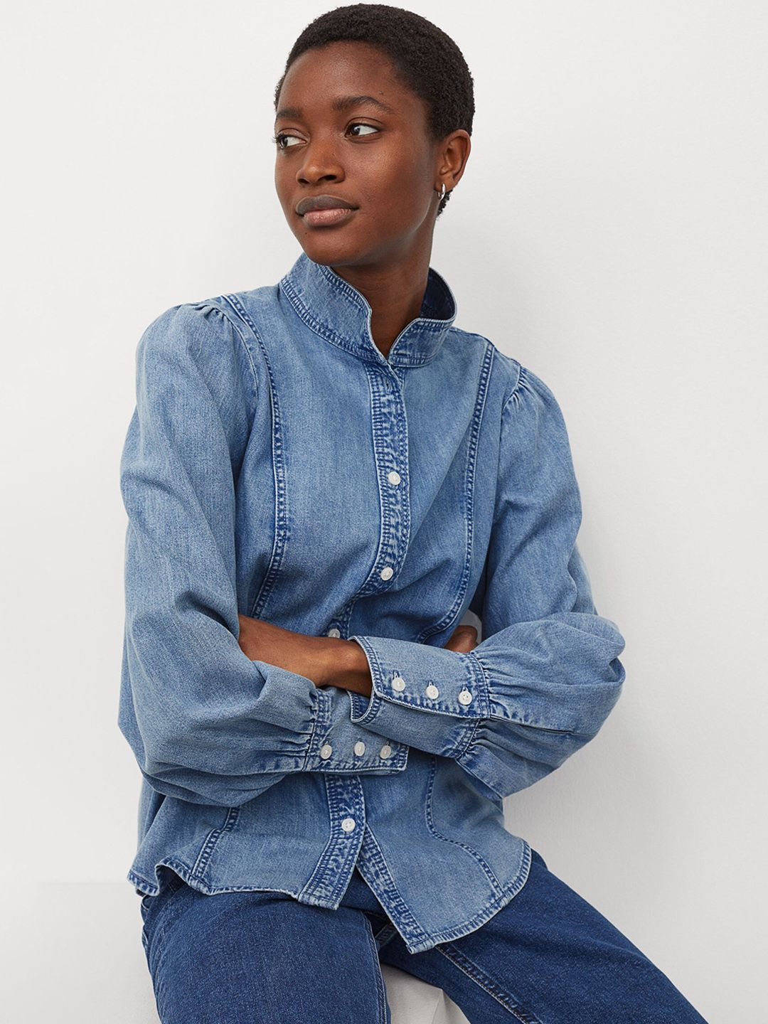 H&M Women Blue Solid Pure Cotton Denim Blouse