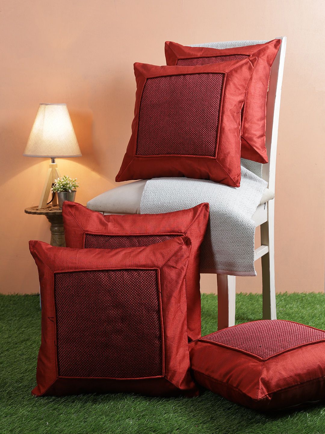 ROMEE Maroon Set of 5 Self Design Square Cushion Covers Price in India