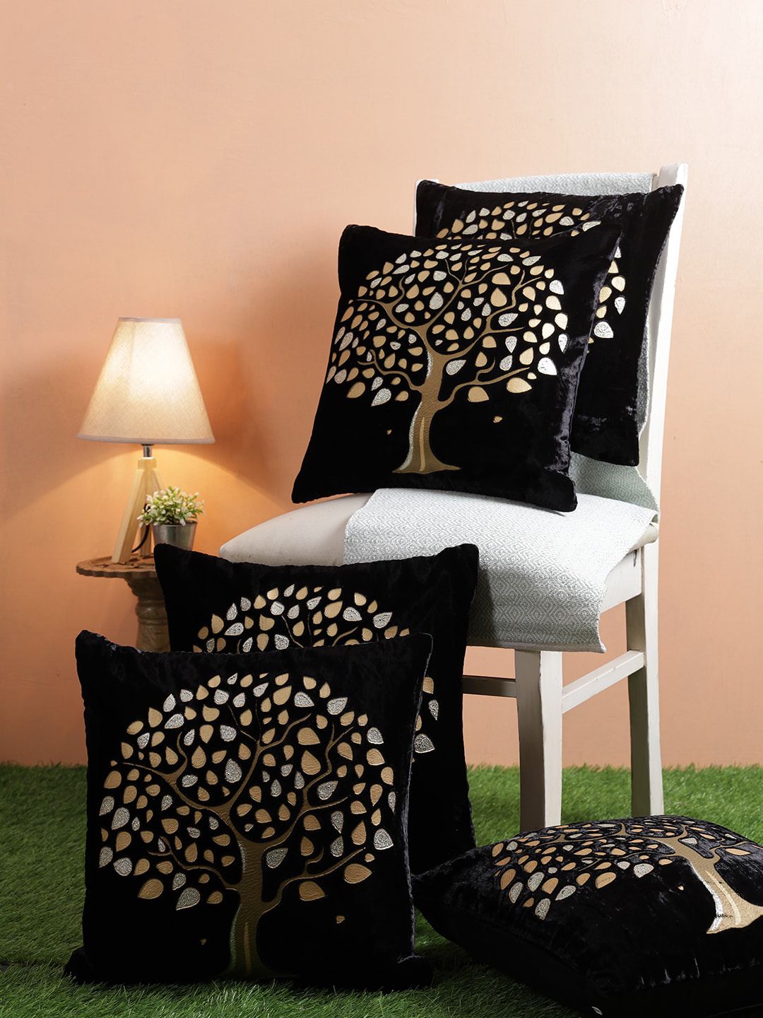 ROMEE Black & Gold-Toned Set of 5 Self Design Square Cushion Covers Price in India