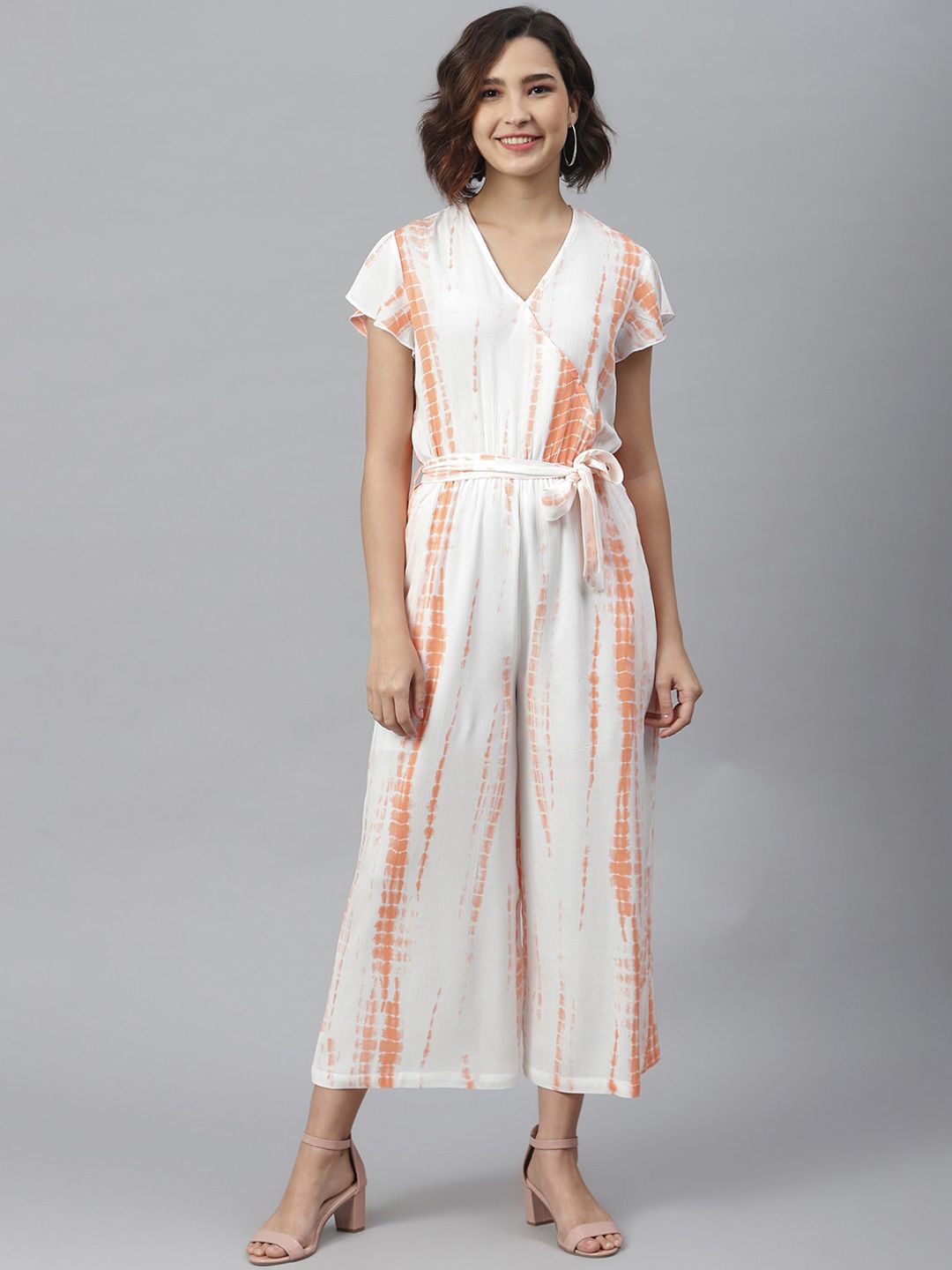 StyleStone Women White & Coral Printed Basic Jumpsuit Price in India