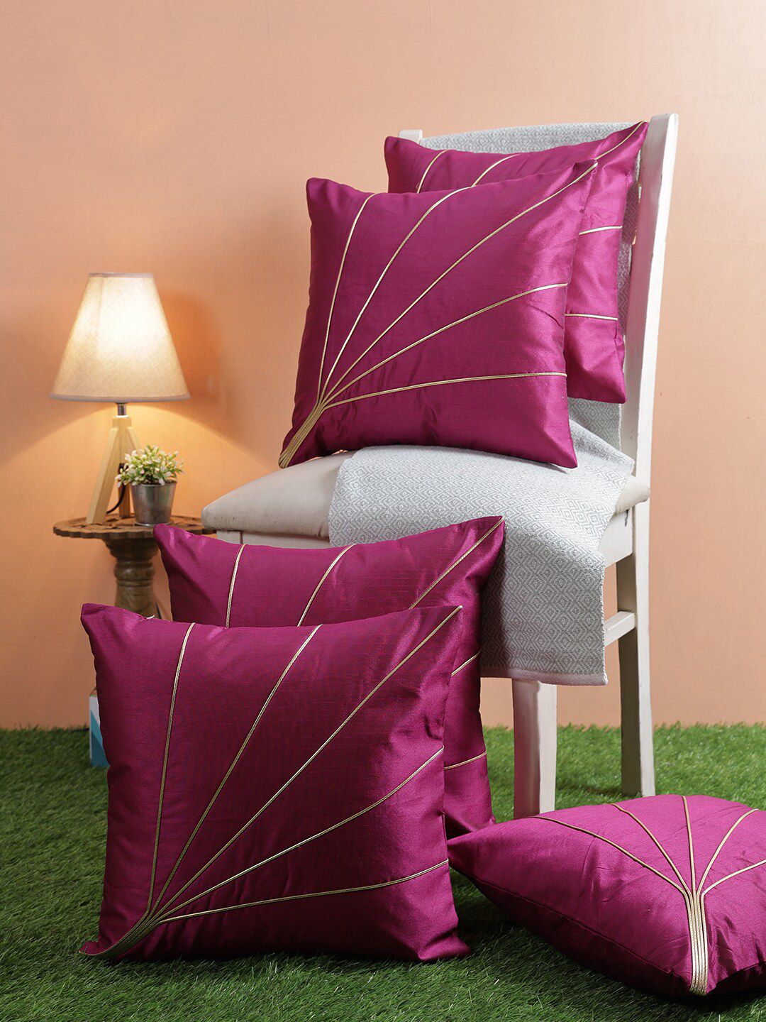 ROMEE Purple & Gold-Toned Set of 5 Embellished Square Cushion Covers Price in India