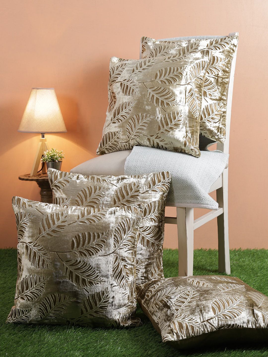 ROMEE Beige & Silver-Toned Set of 5 Floral Square Cushion Covers Price in India