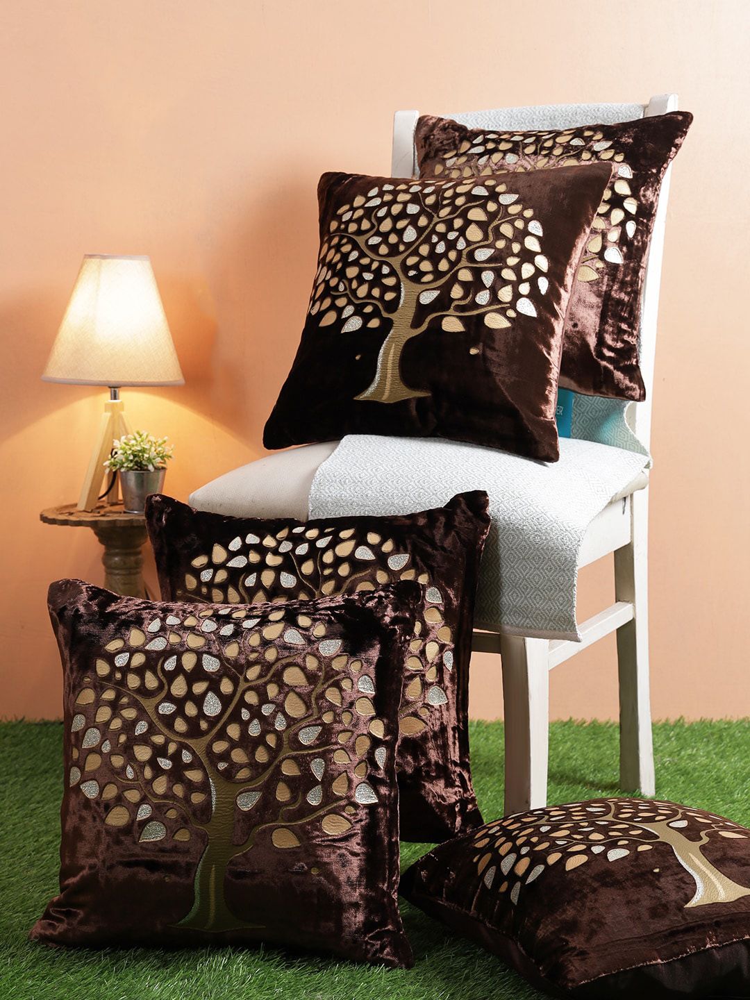 ROMEE Brown & Gold-Toned Set of 5 Ethnic Motifs Square Cushion Covers Price in India