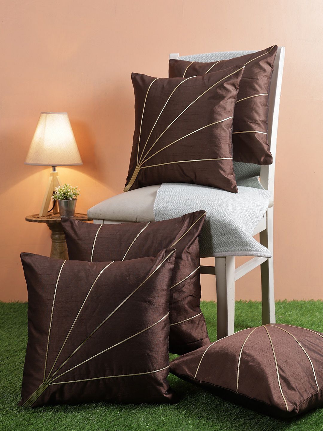 ROMEE Brown & Gold-Toned Set of 5 Striped Square Cushion Covers Price in India