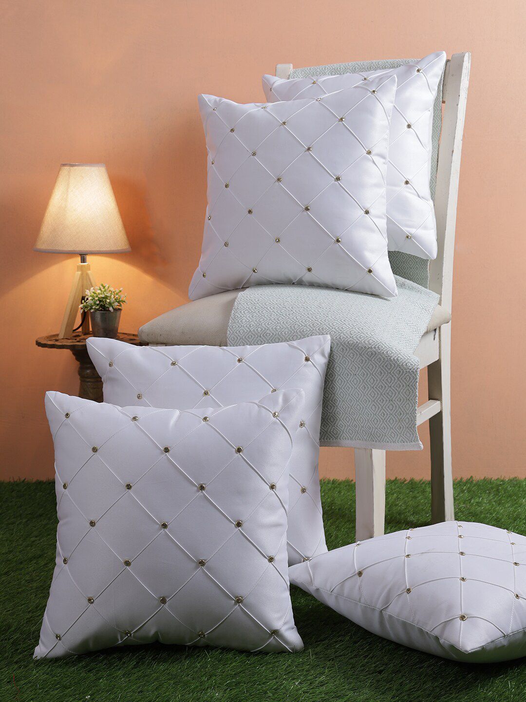 ROMEE White & Gold-Toned Set of 5 Geometric Square Cushion Covers Price in India