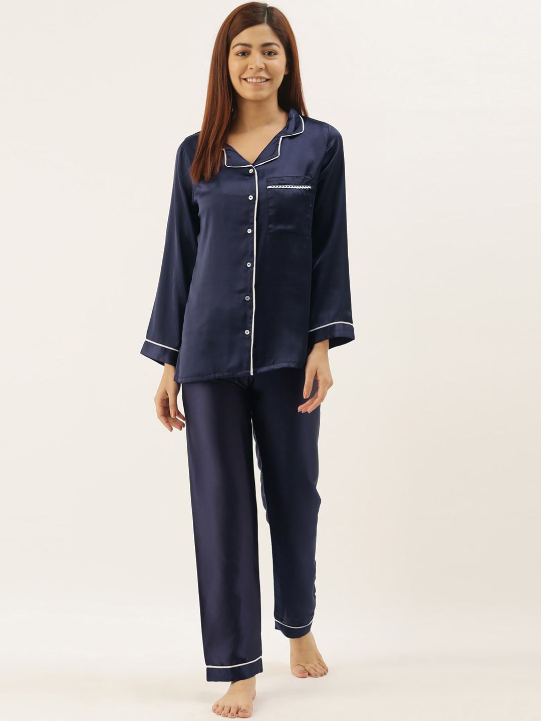 Bannos Swagger Women Navy Blue & White Solid Night Suit Price in India