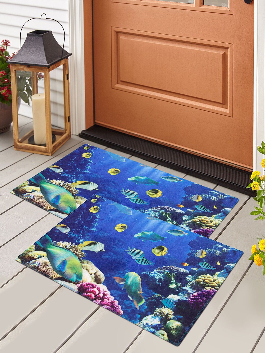 Story@home Set Of 2 Blue & Yellow Printed Anti-Skid Doormats Price in India