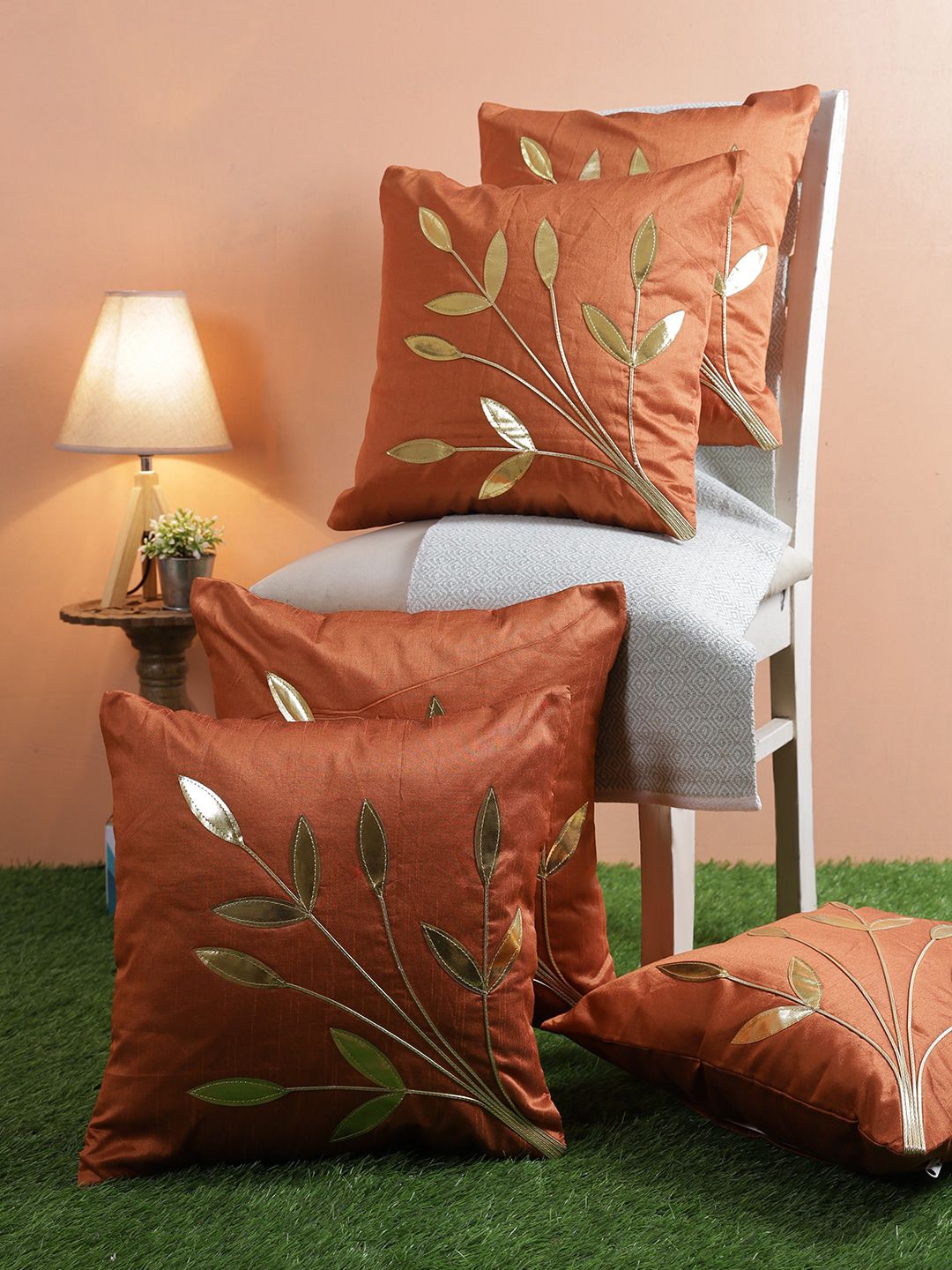 ROMEE Brown & Gold-Toned Set of 5 Embroidered Square Cushion Covers Price in India