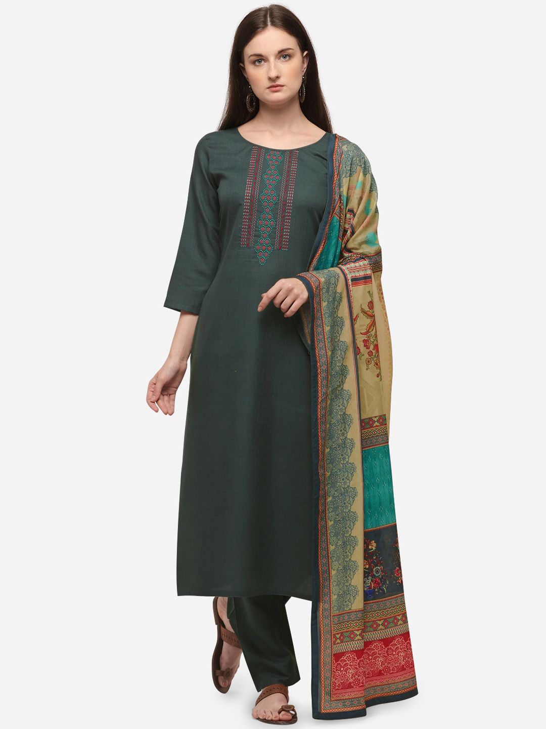 SheWill Olive Green & Cream-Coloured Cotton Blend Unstitched Dress Material