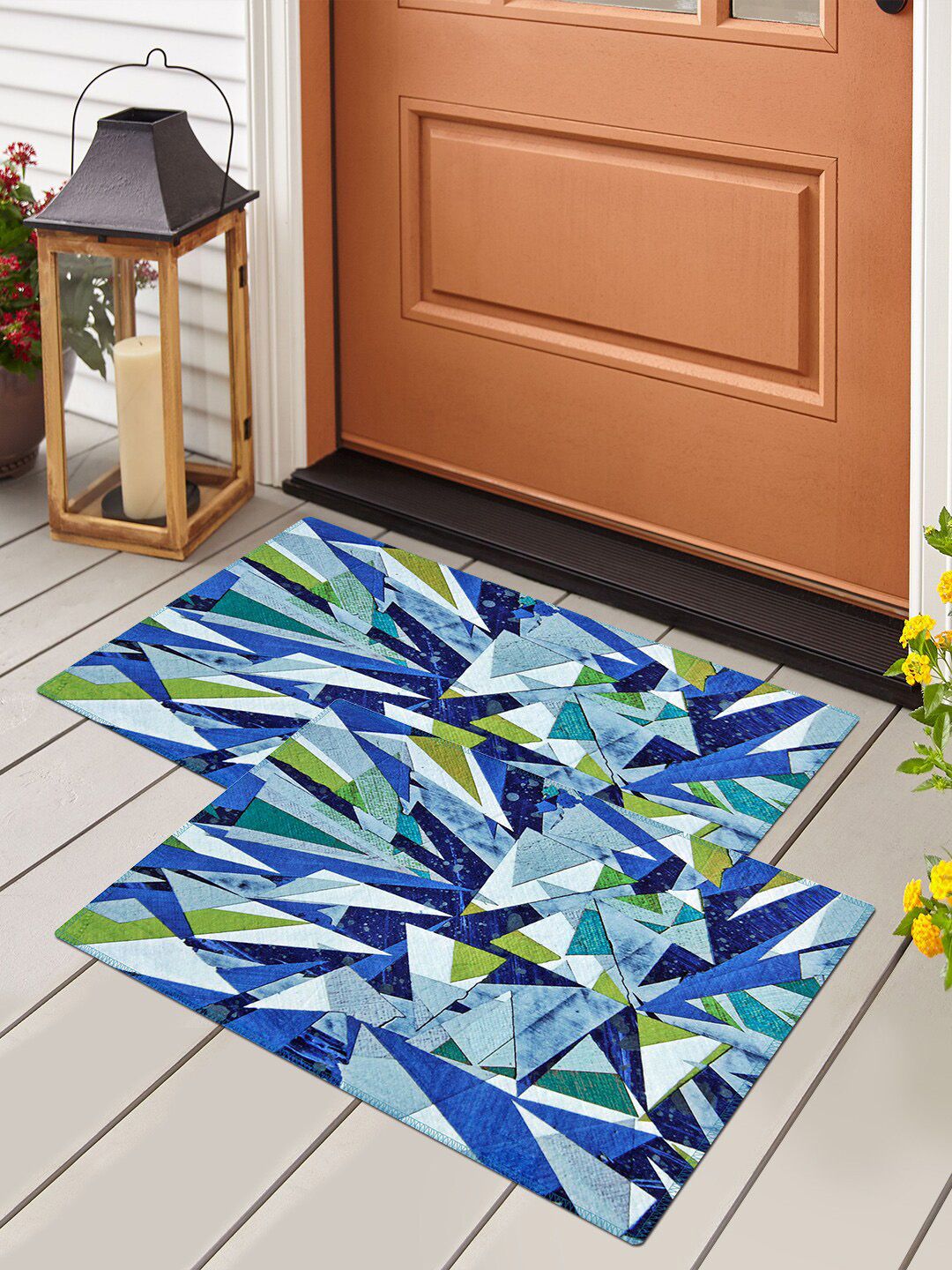 Story@home Set Of 2 Blue & Green Printed Anti-Skid Doormats Price in India