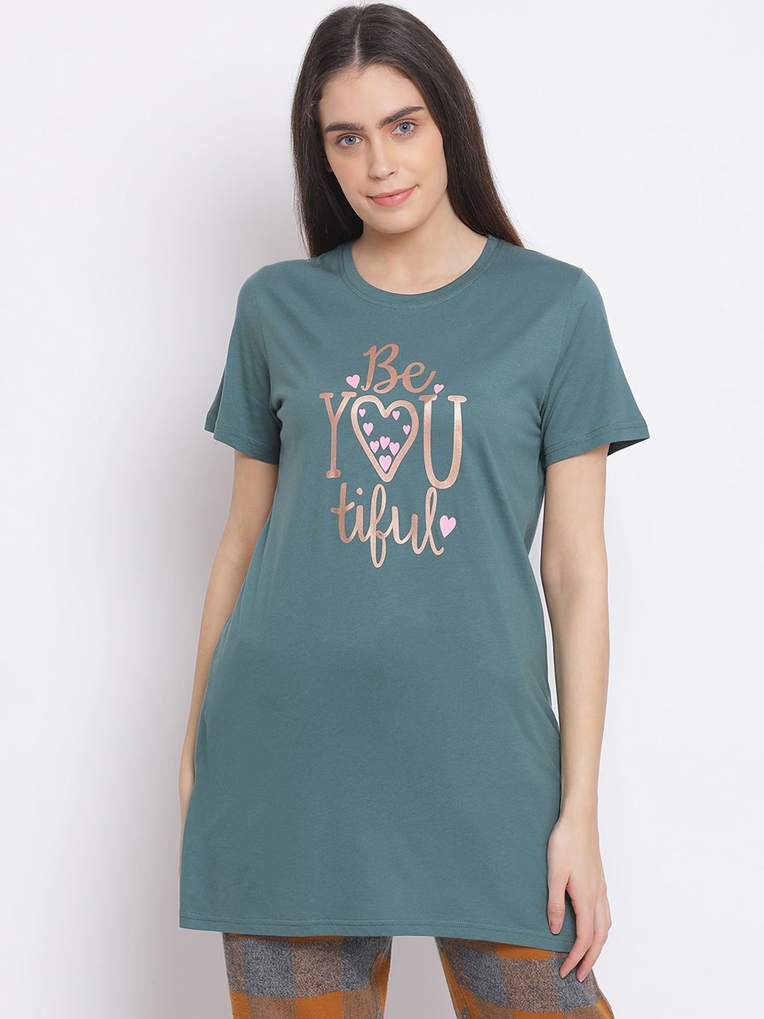 Kanvin Women Green & Brown Printed Lounge T-shirt Price in India