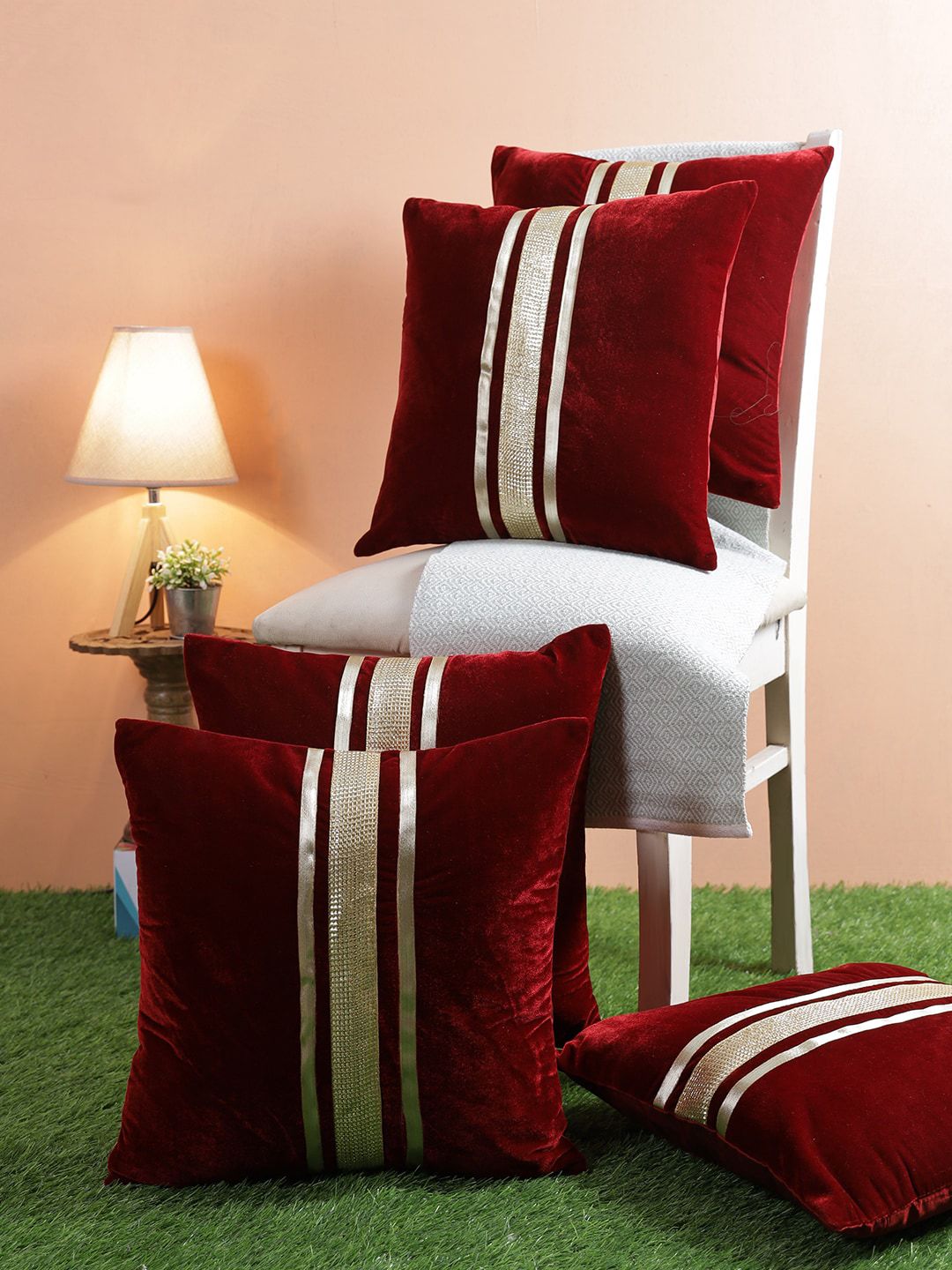 ROMEE Maroon & Gold-Toned Set of 5 Embellished Square Cushion Covers Price in India