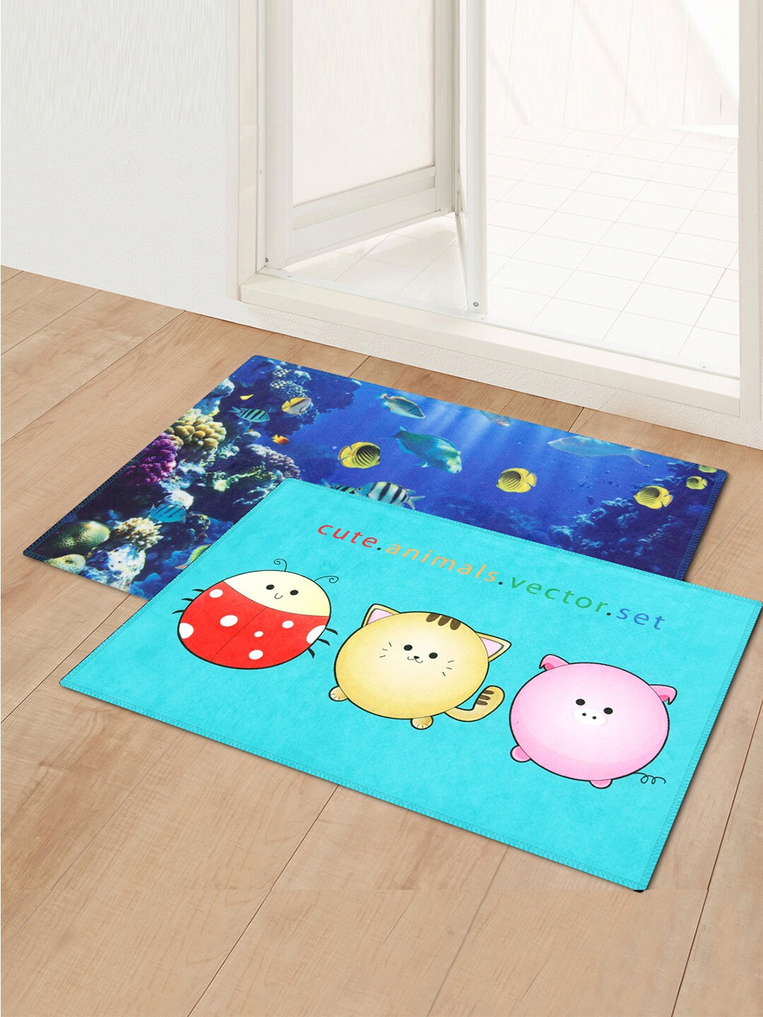 Story@home Set Of 2 Blue Printed Anti-Skid Doormats Price in India