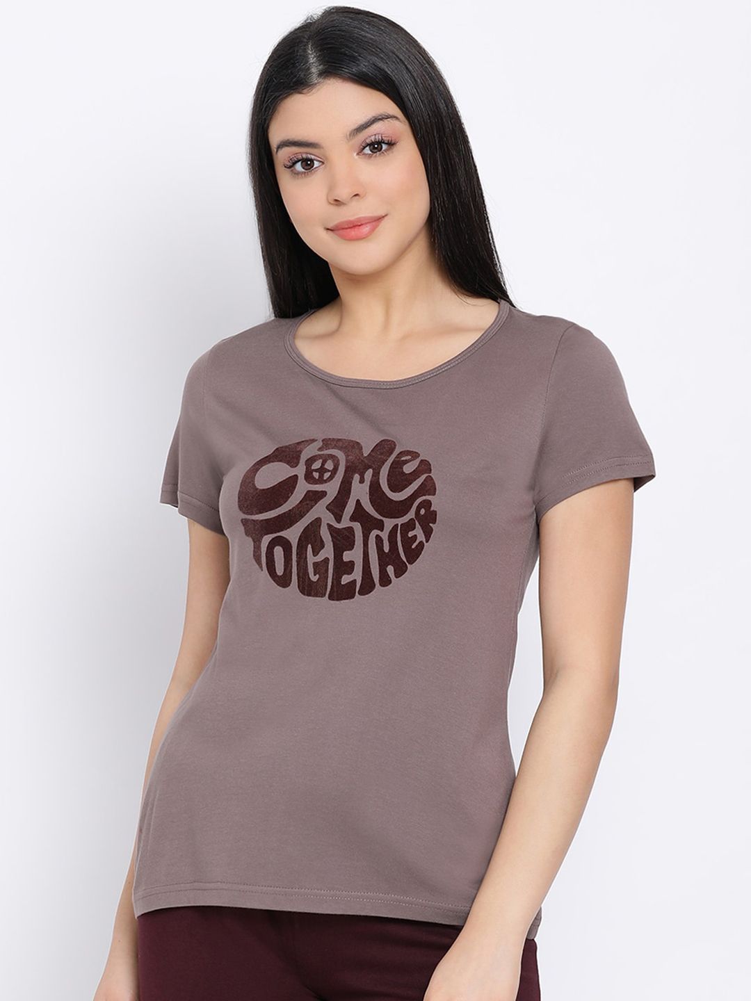 Kanvin Women Coffee Brown Printed Lounge T-shirt Price in India
