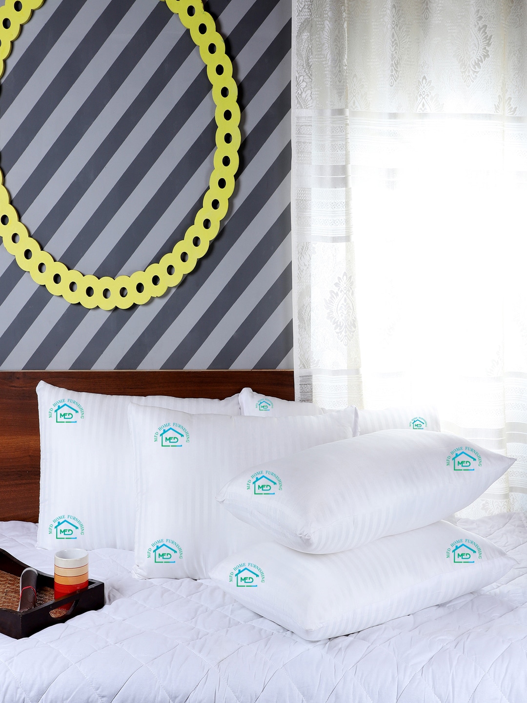 MFD HOME FURNISHING Set Of 4 White Striped Sleep Pillows Price in India