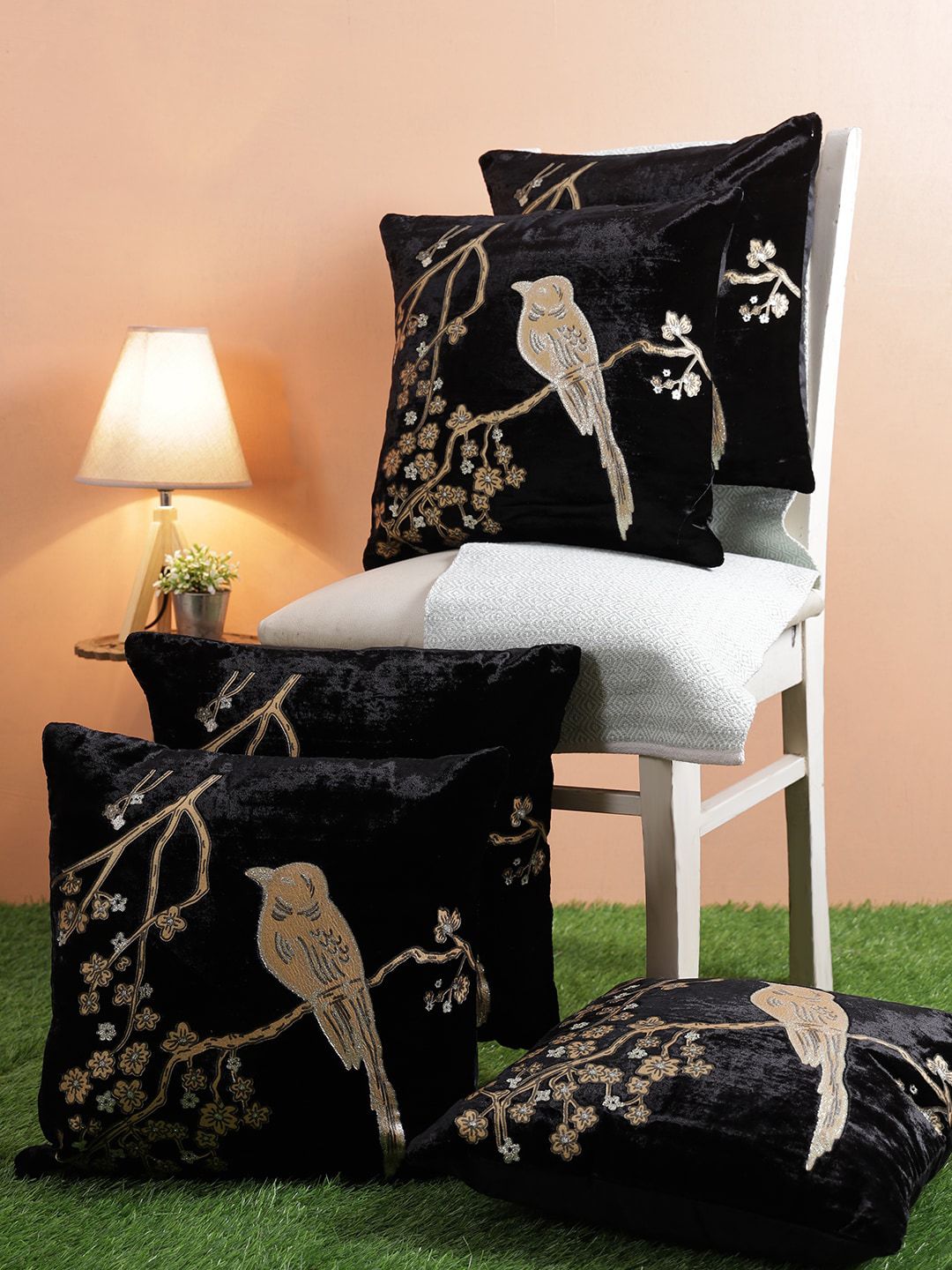 ROMEE Black & Gold-Toned Set of 5 Embellished Velvet Square Cushion Covers Price in India