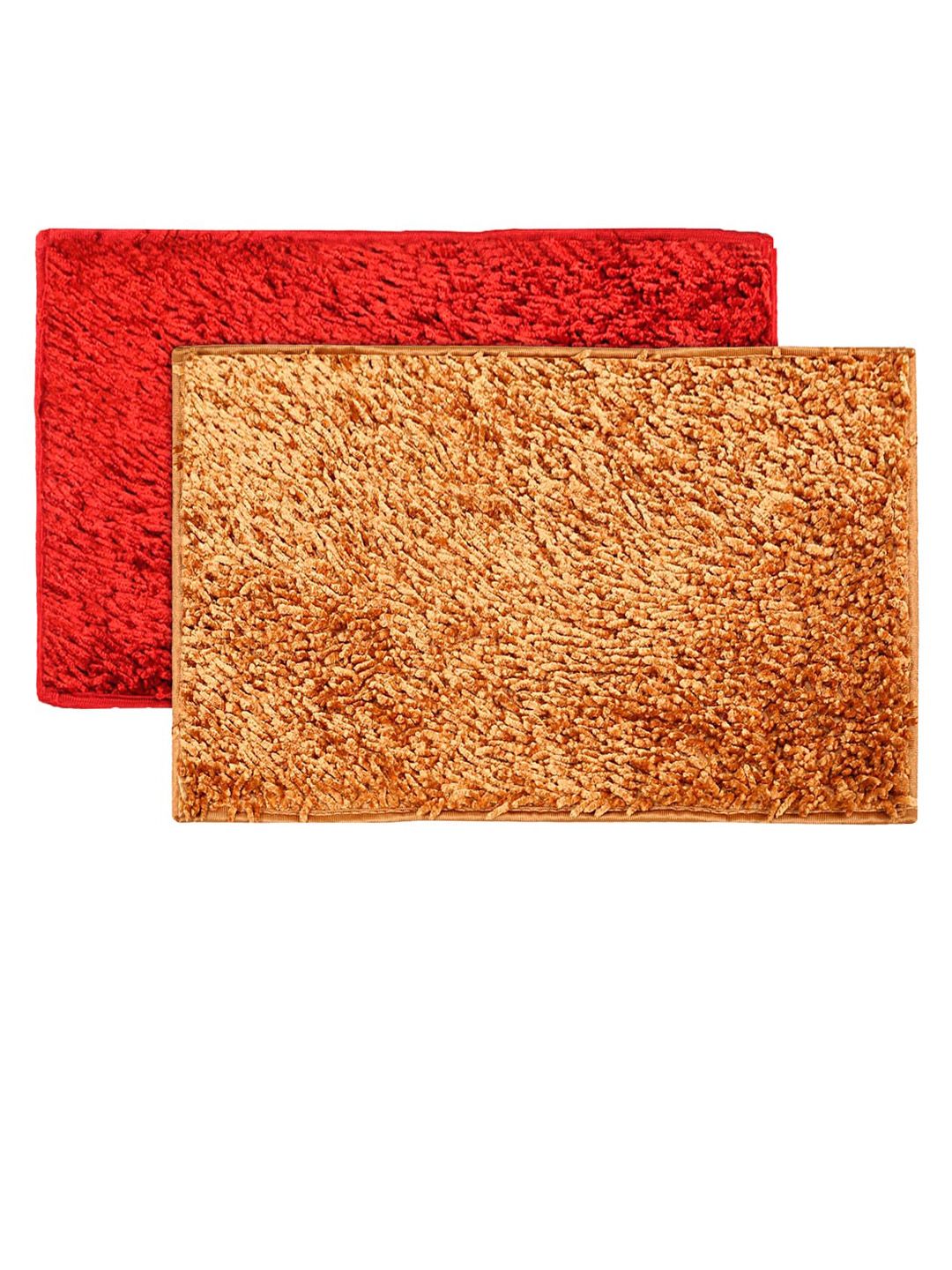 Kuber Industries Set Of 2 Gold-Toned & Red Shaggy Premium Anti-Skid Doormats Price in India