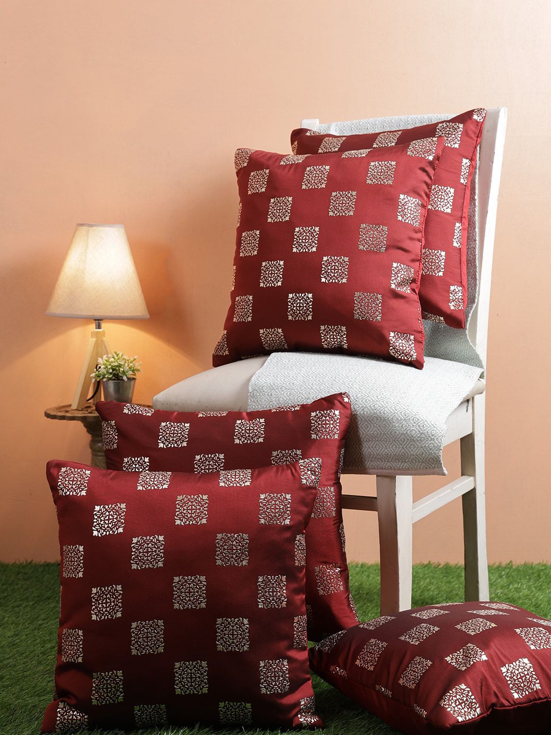 ROMEE Maroon & Gold-Toned Set of 5 Ethnic Motifs Square Cushion Covers Price in India