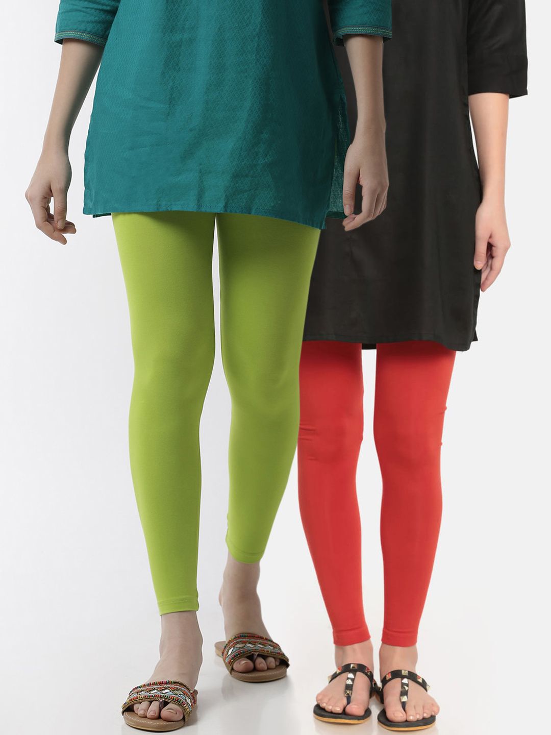 De Moza Women Pack Of 2 Green & Orange Solid Ankle-Length Leggings Price in India