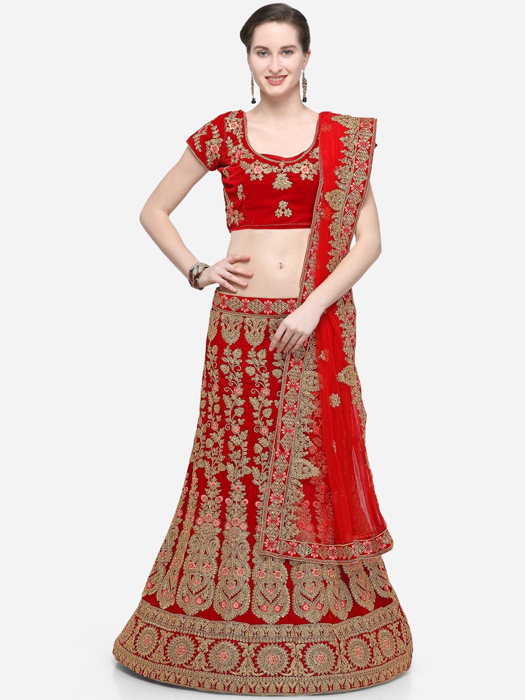 V SALES Red & Gold Embroidered Semi-Stitched Lehenga & Unstitched Blouse with Dupatta