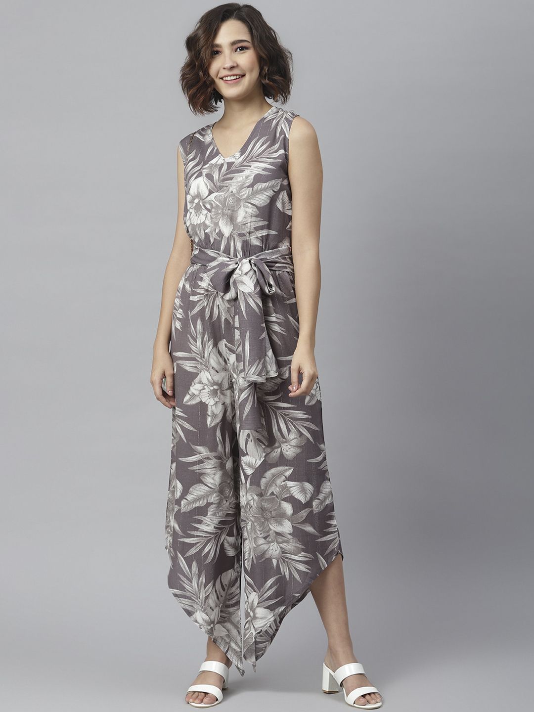 StyleStone Women Grey & Off-White Printed Culotte Jumpsuit Price in India