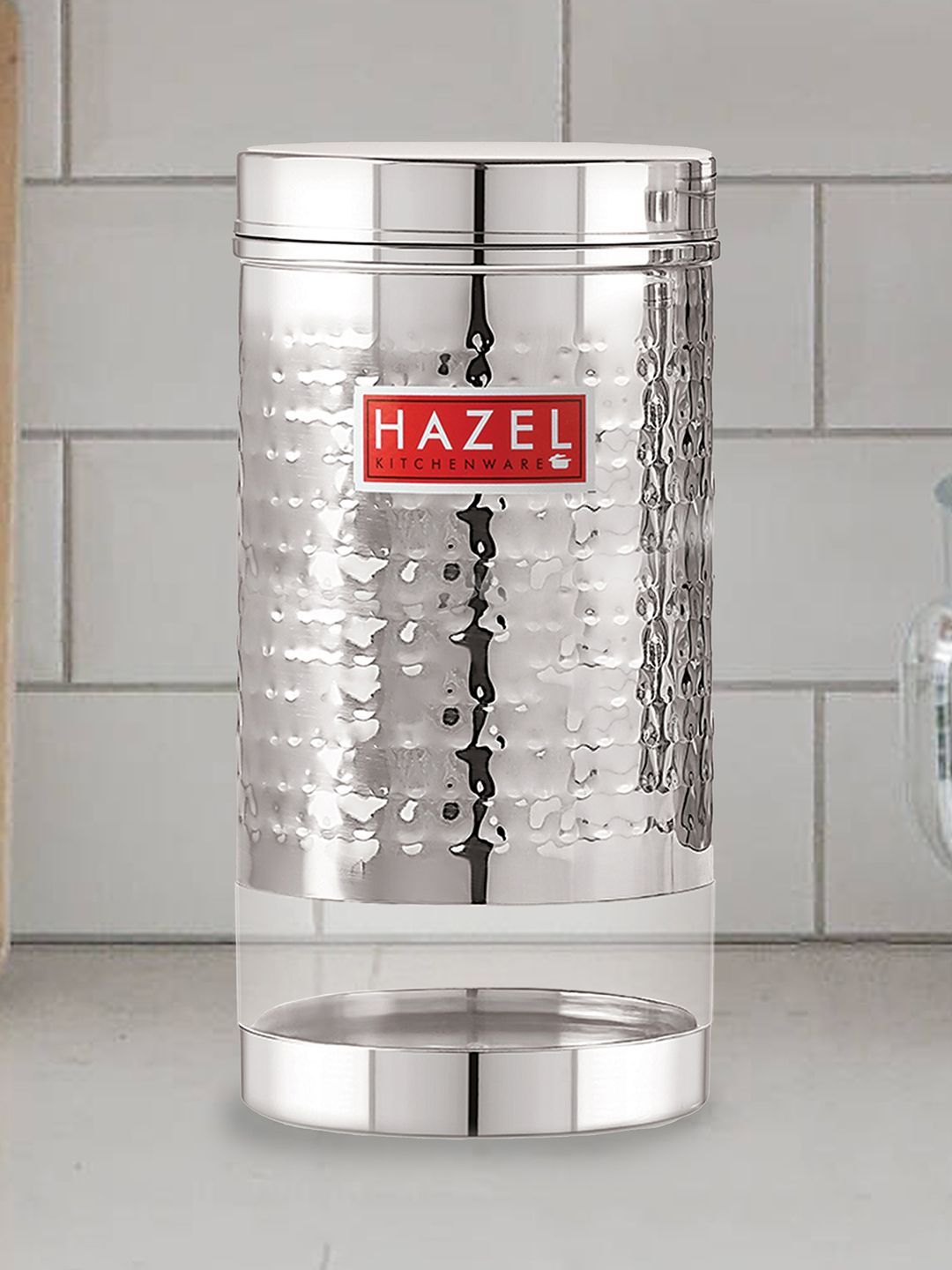 HAZEL Set Of 4 Silver-Toned & Transparent Hammered Finish Stainless Steel See-Through Canisters Price in India