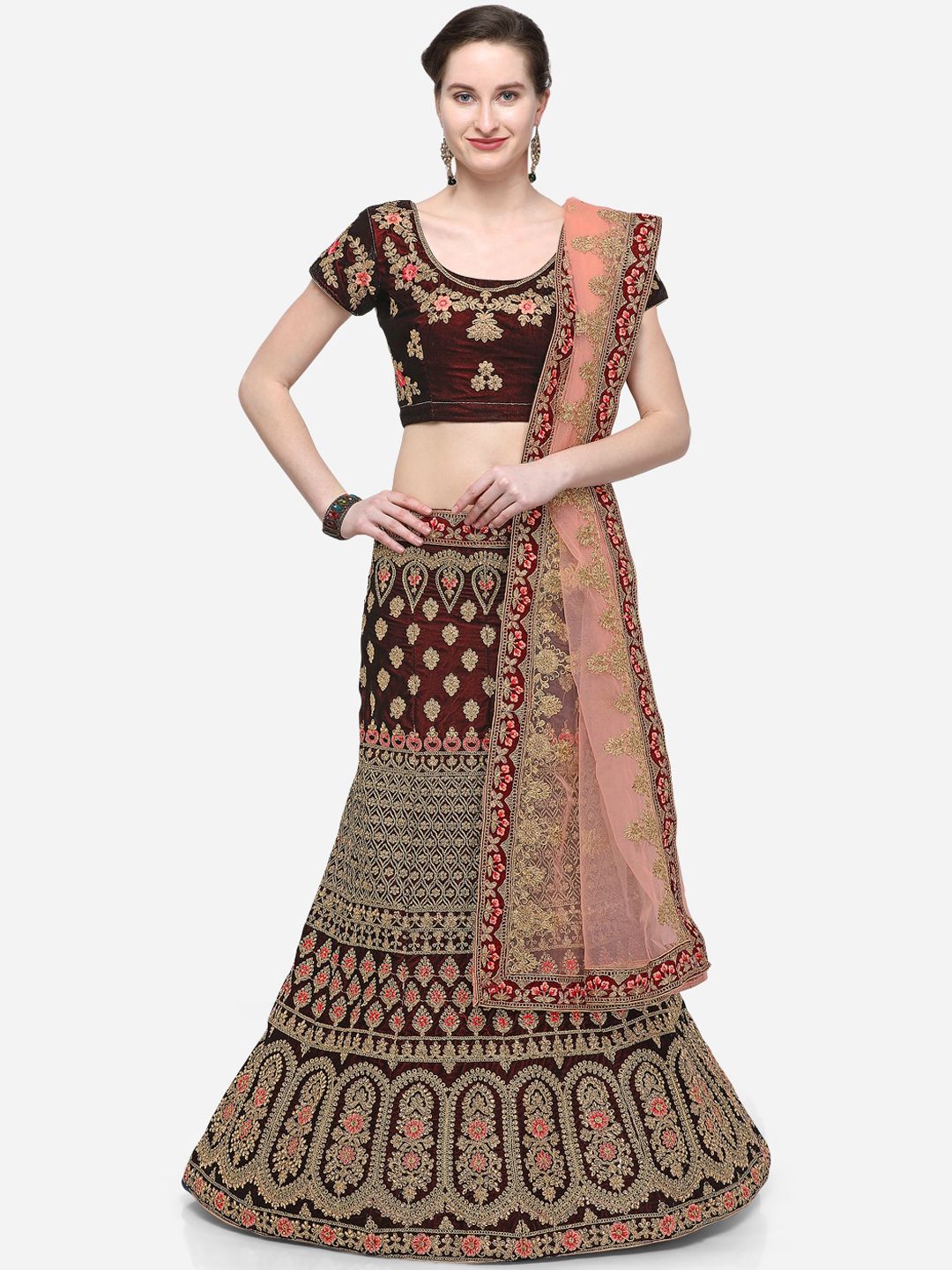 V SALES Maroon & Gold-Toned Embroidered Semi-Stitched Lehenga & Unstitched Blouse with Dupatta