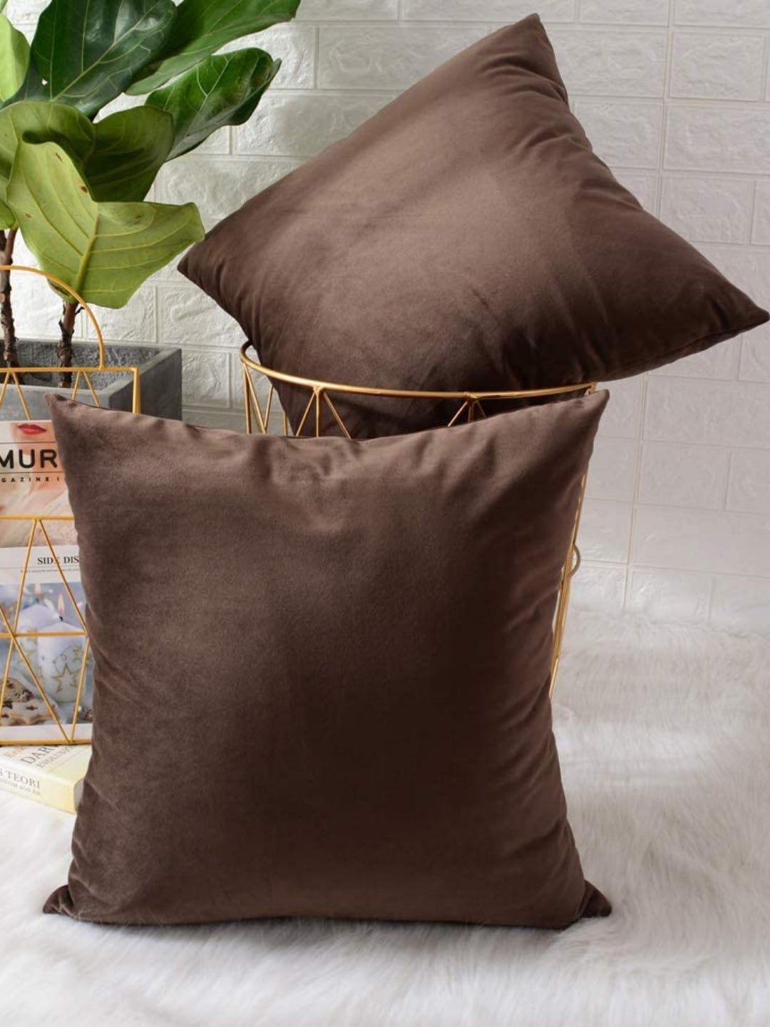 MODERN HOMES Coffee Brown Set of 2 Solid Square Cushion Covers Price in India