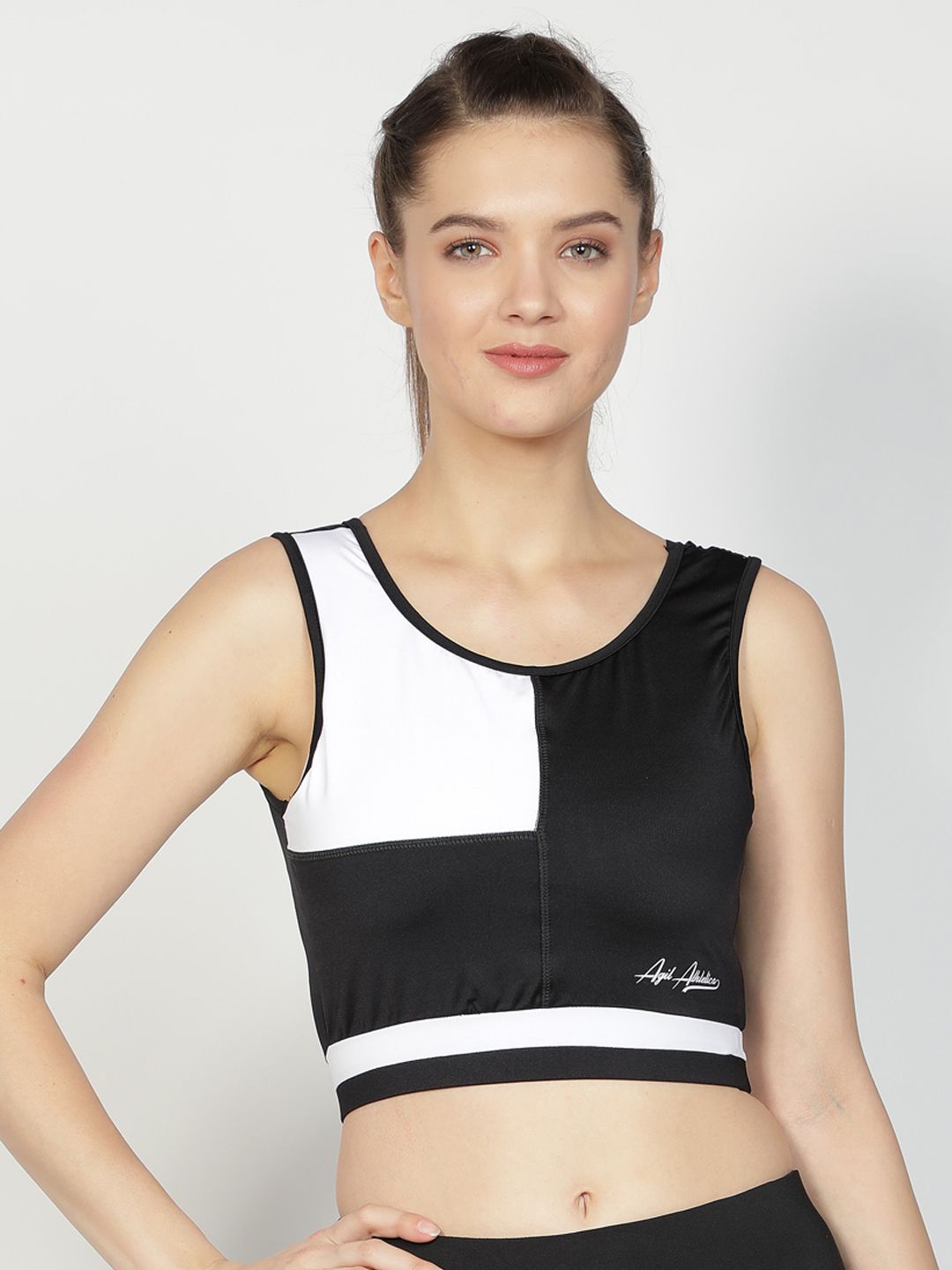 AGIL ATHLETICA Black & White Colourblocked Non-Wired Removable Padding Workout Bra AW2115 Price in India