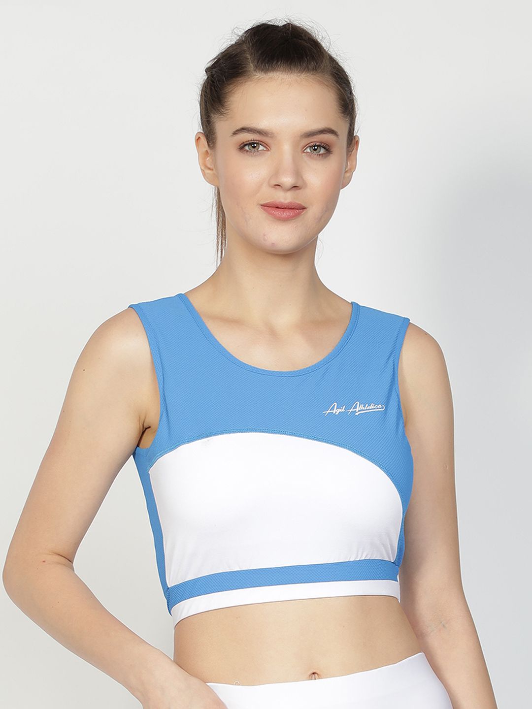 AGIL ATHLETICA Blue & White Colourblocked Non-Wired Removable Padding Workout Bra Price in India