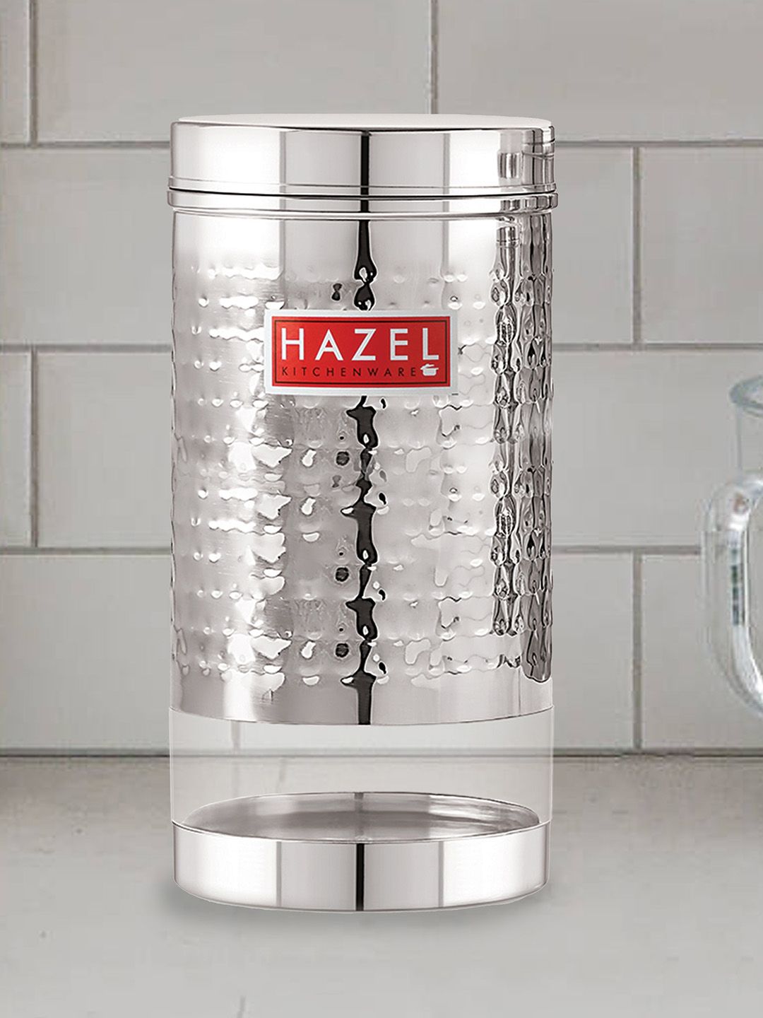 HAZEL Set Of 2 Silver-Toned & Transparent Stainless Steel Hammered Finish See-Through Storage Jars Price in India
