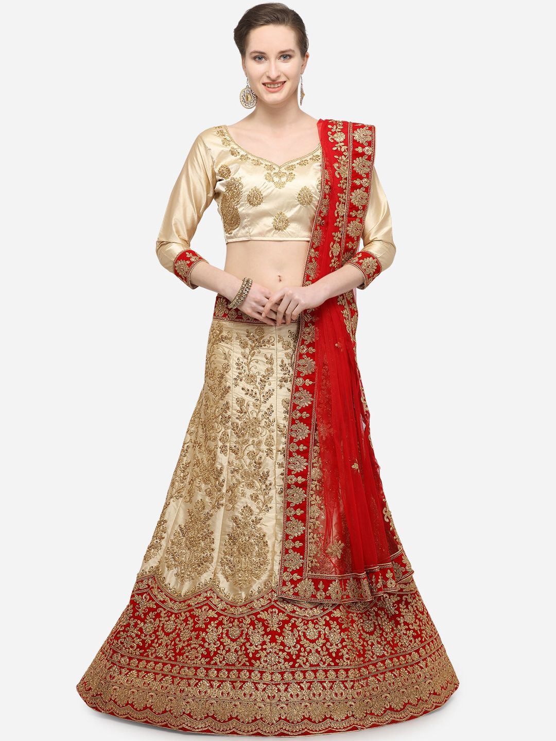 V SALES Beige & Red Embroidered Semi-Stitched Lehenga & Unstitched Blouse with Dupatta