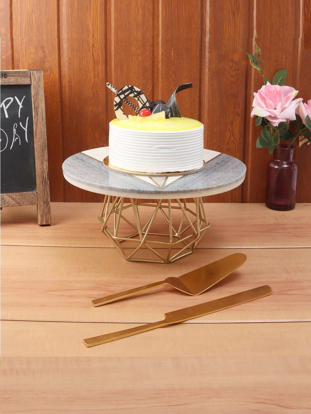 NikkisPride Set Of 3 White Marble Tri-Color Cake Stand With Cake Cutlery Price in India
