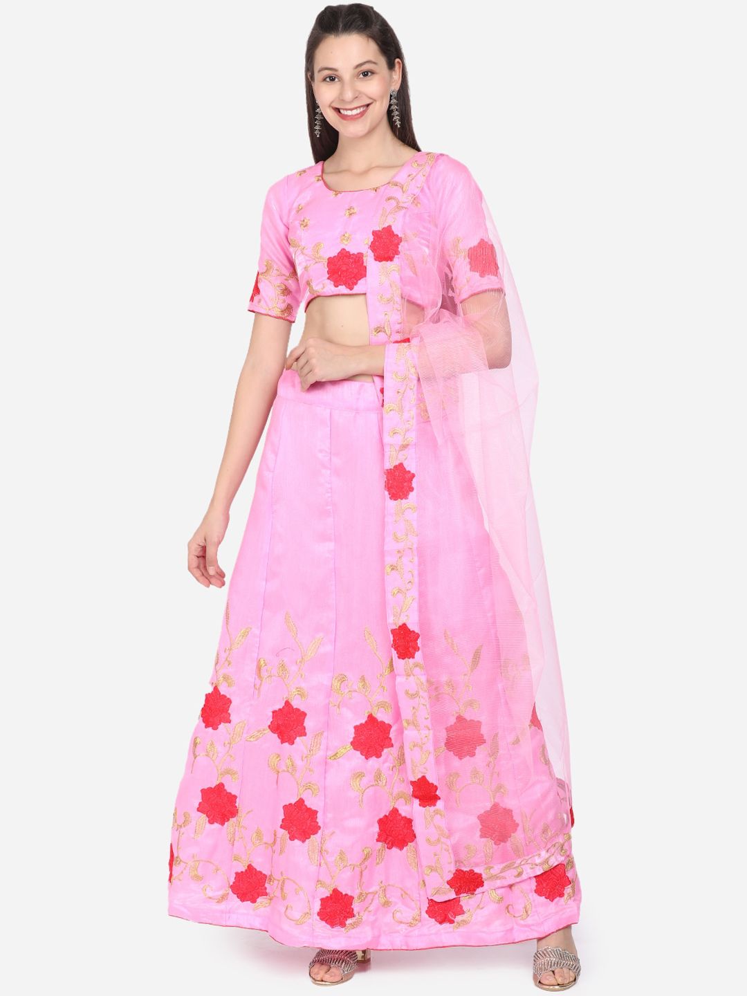 SAADHVI Pink & Red Embroidered Semi-Stitched Lehenga & Unstitched Blouse with Dupatta