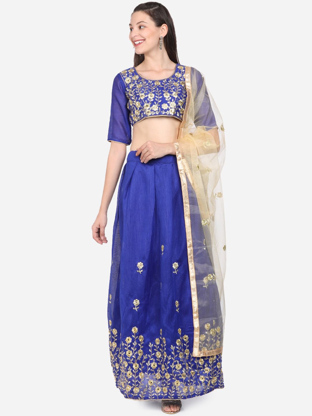 SAADHVI Blue & Gold-Toned Embroidered Unstitched Lehenga & Blouse with Dupatta