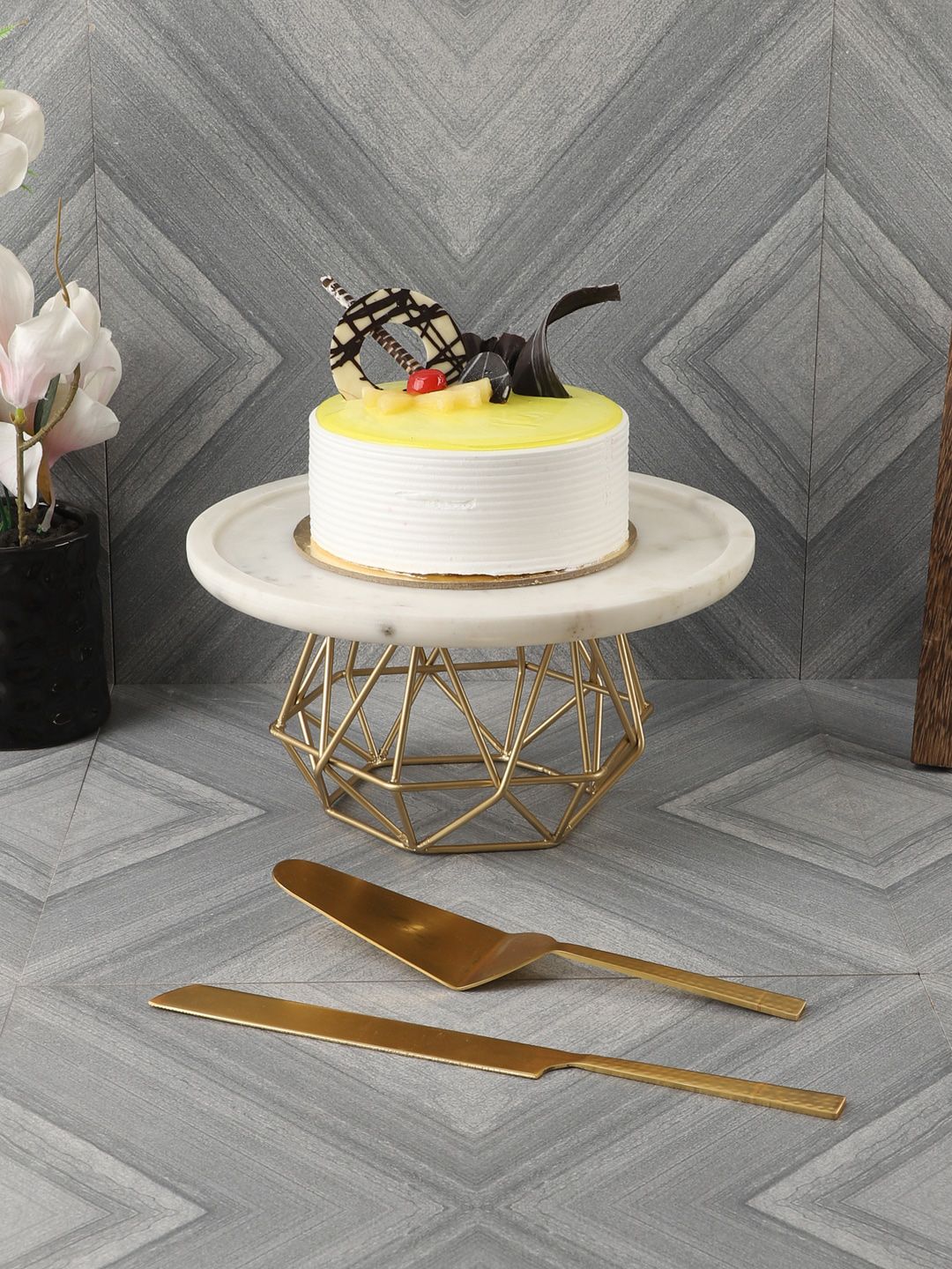 NikkisPride White & Gold-Toned Marble Cake Stand With Cutlery Price in India