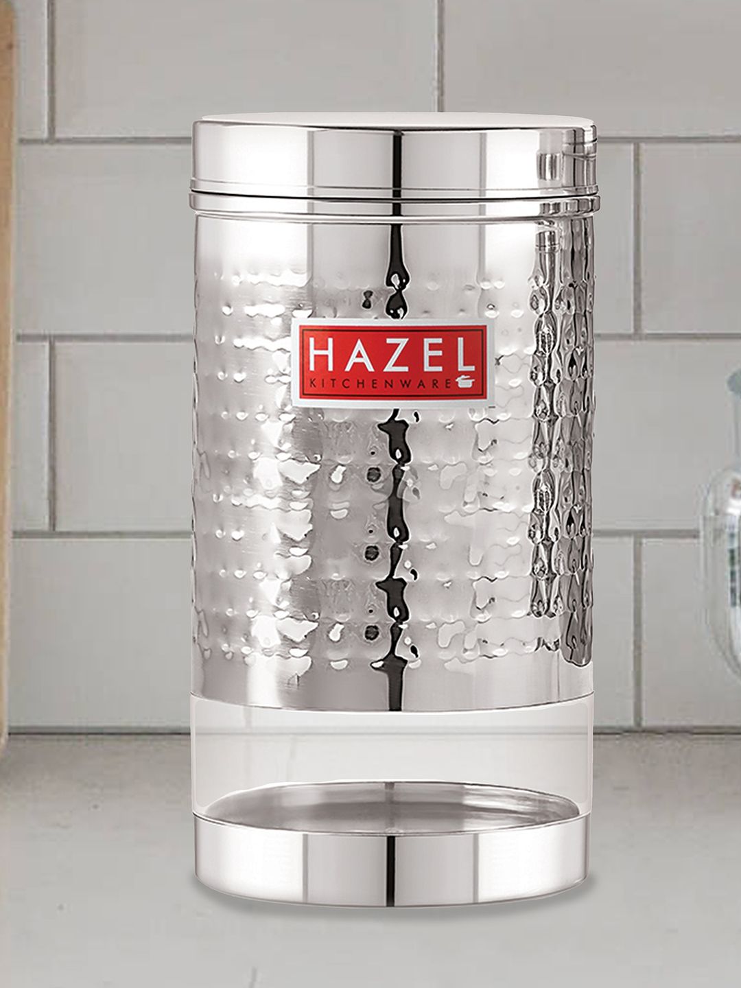 HAZEL Set Of 4 Silver-Toned & Transparent Hammered Finish Stainless Steel See-Through Canisters Price in India