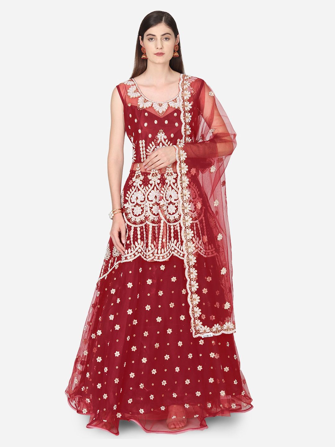 BOMBAY SELECTIONS Maroon & White Embellished Ready to Wear Lehenga & Blouse with Dupatta