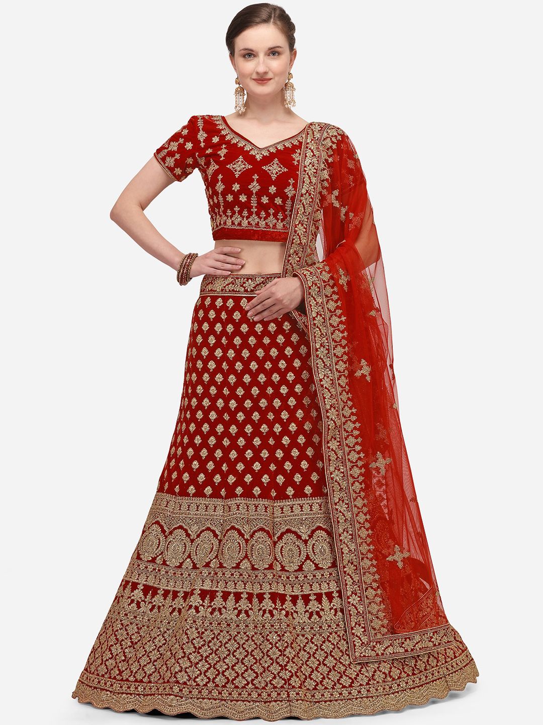 V SALES Red & Gold-Toned Embroidered Semi-Stitched Lehenga & Unstitched Blouse with Dupatta Price in India