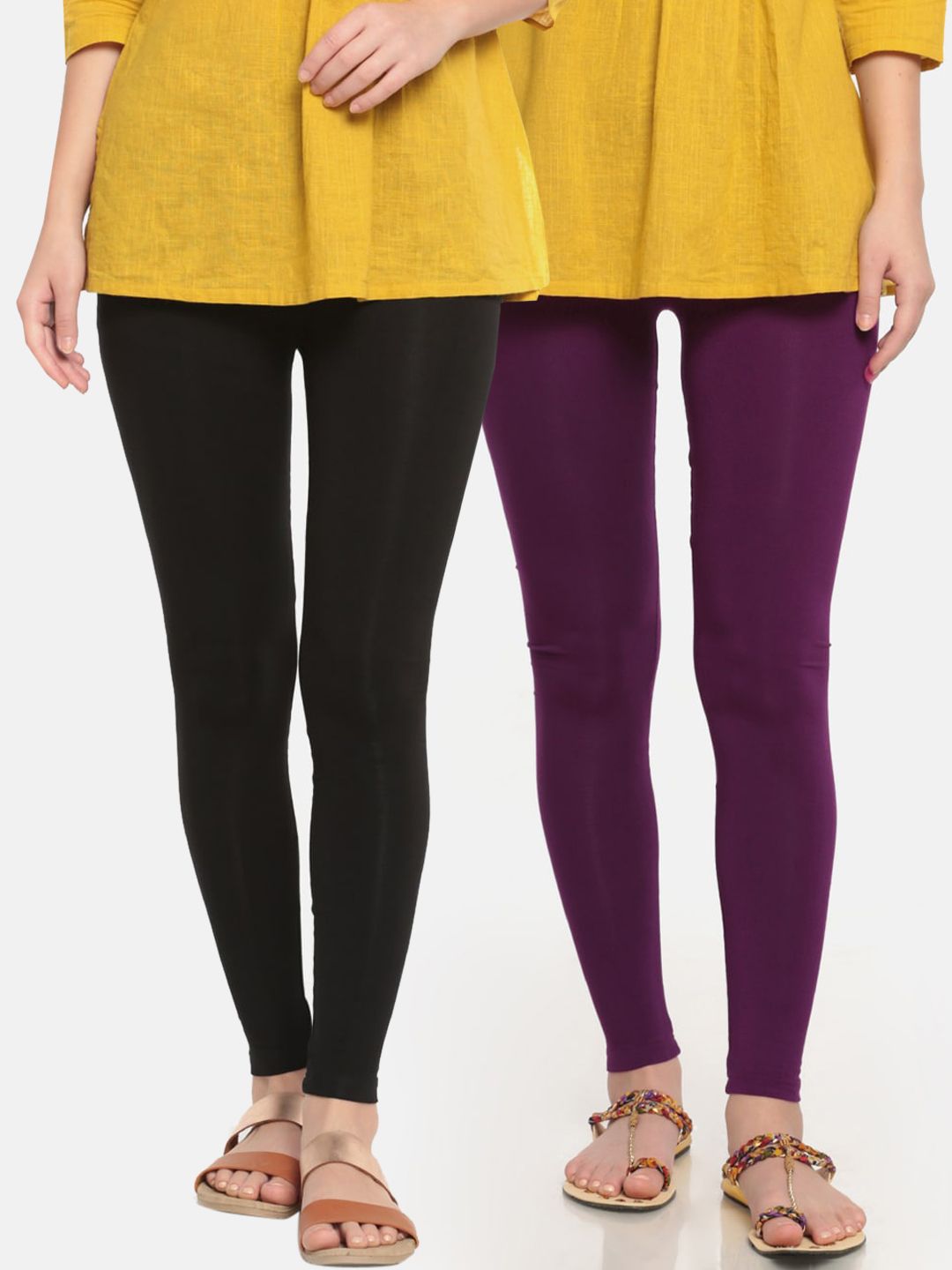 De Moza Women Black & Purple Pack Of 2 Solid Ankle-Length Leggings Price in India