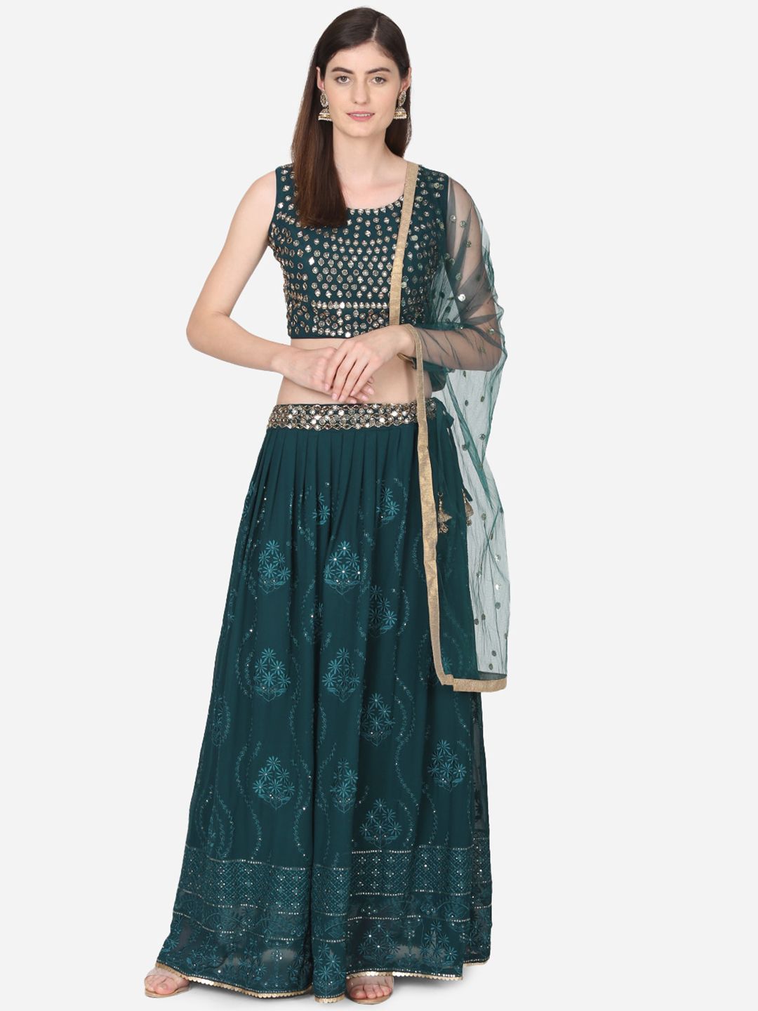 BOMBAY SELECTIONS Green & Gold-Toned Embellished Ready to Wear Lehenga & Blouse with Dupatta